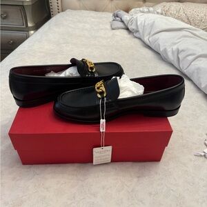 Valentino Black Loafers with Gold Chain
